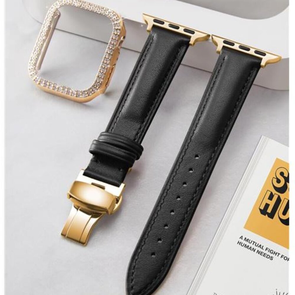 NEW Luxury Black/Gold Leather Apple Watch Band with Case